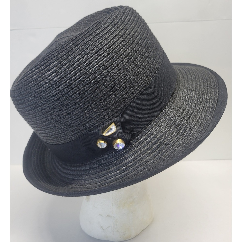Betmar New York Black Fedora Hat‎ Rhinestone Crystal Accent Style